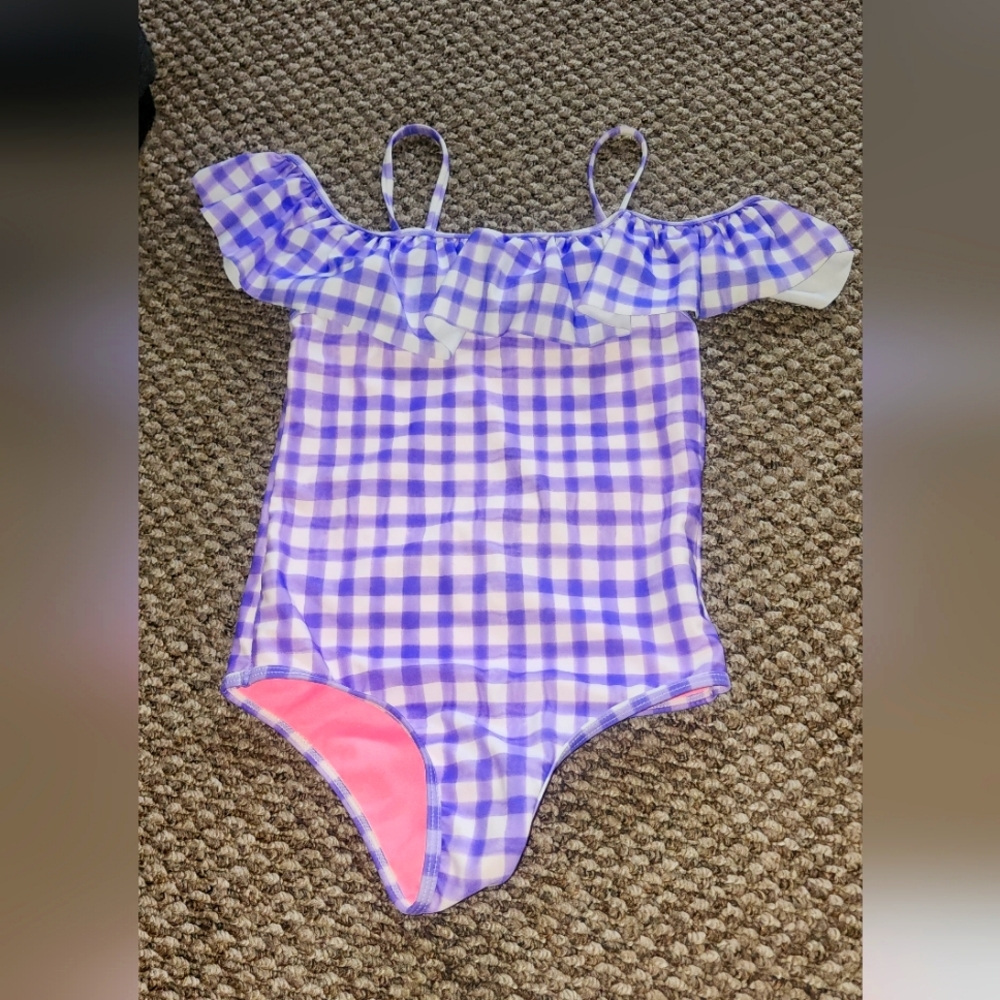 Purple & White Checkered Ruffle Bathing Suit
